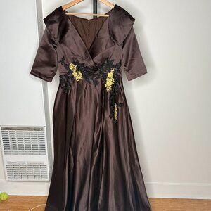 BROWN Heavy Satin Collared Victorian Style Long Dress Gown